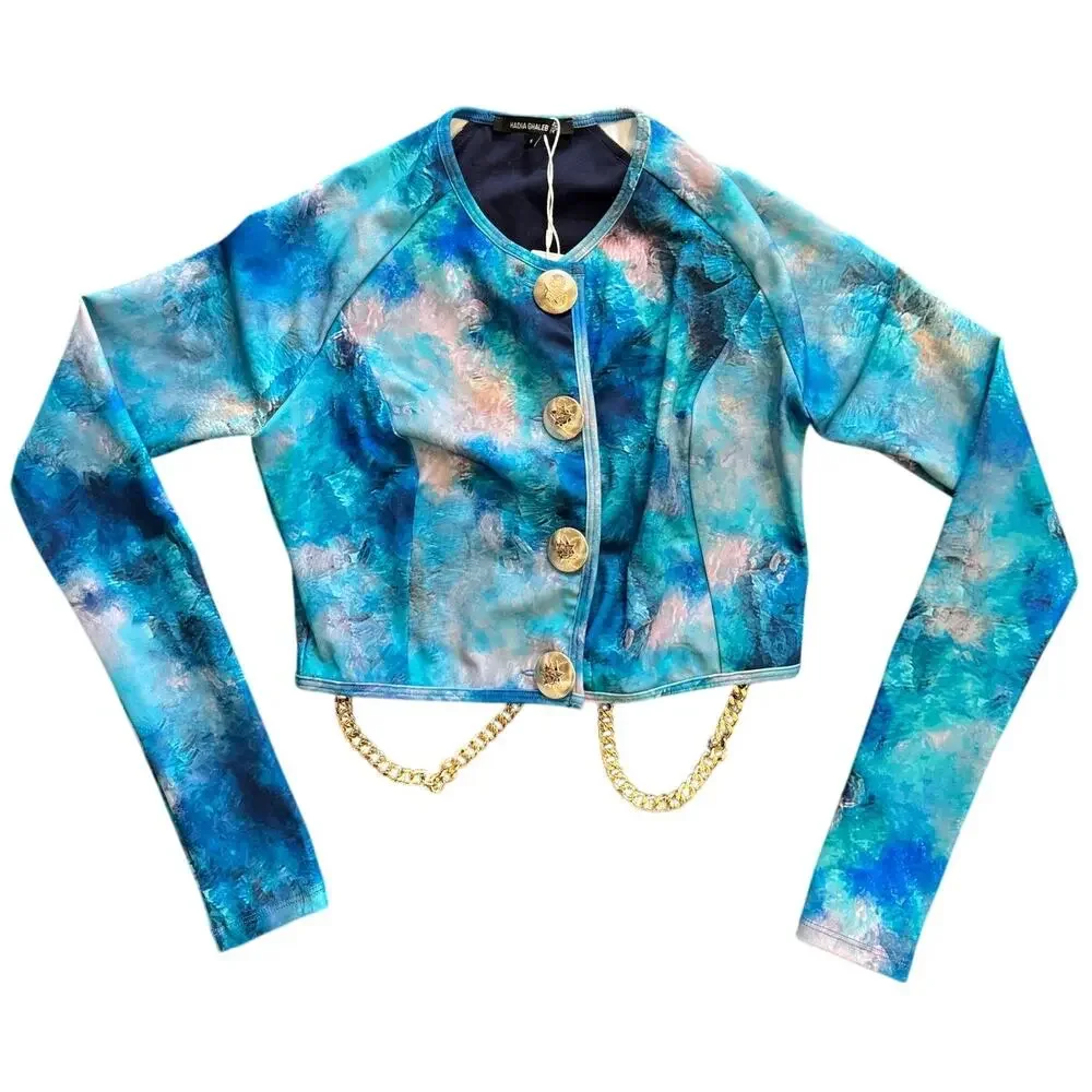Hadia Ghaleb | NWT Modest Luxury Long Sleeve Swim Top Icing Watercolor Blue Sm